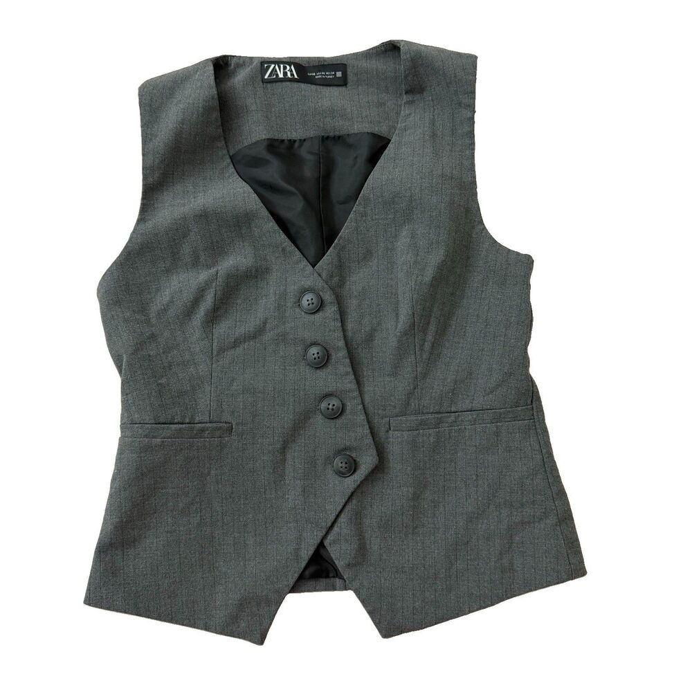 Zara Vest Womens XS Gray  Asymmetrical Button Front V-Neck Bloggers Favorite